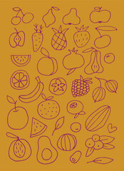 delicious juicy fruits set. Images of fruits isolated. Healthy food. Food doodle. Vector illustration.