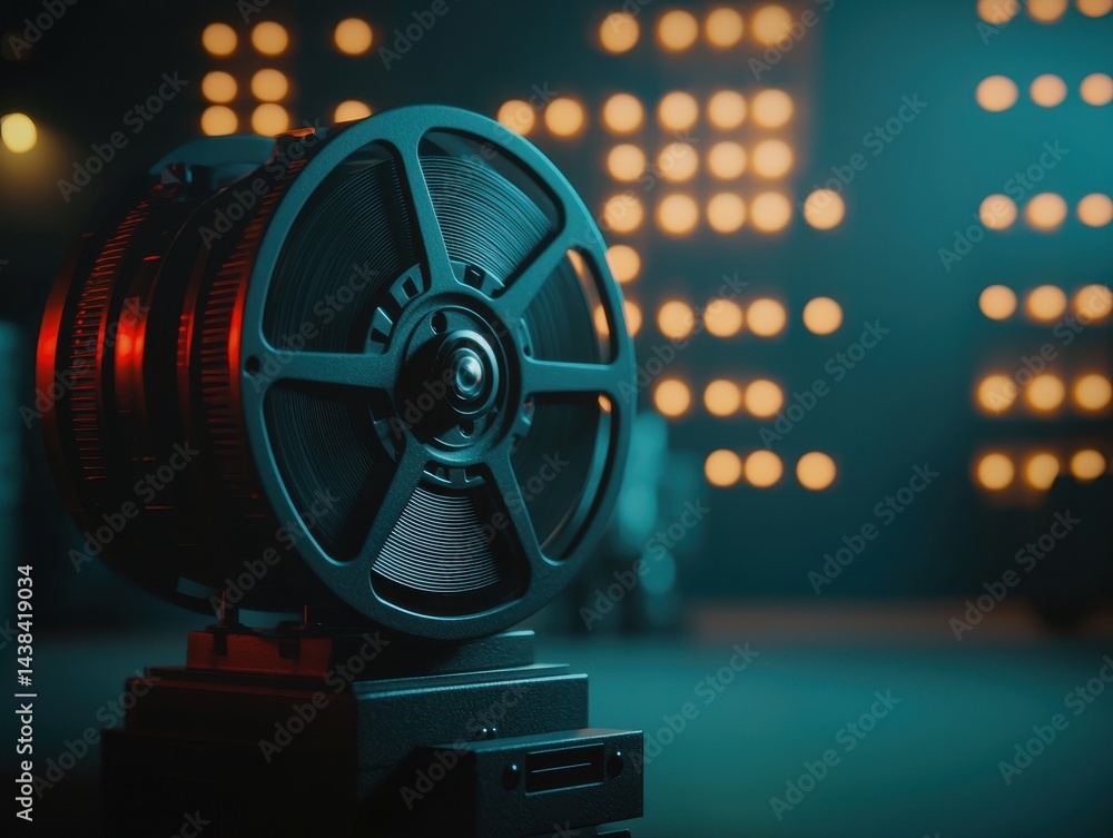 Poster retro film projector with soft lighting and bokeh background effect