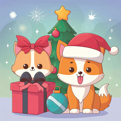 Cute Christmas Puppy with Santa Hat.