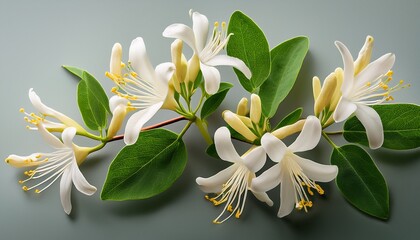 elegant white honeysuckle blooms with lush green leaves isolated on a clean background
