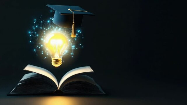 Graduation cap above an open book with glowing light bulb, symbolizing knowledge and inspiration in education