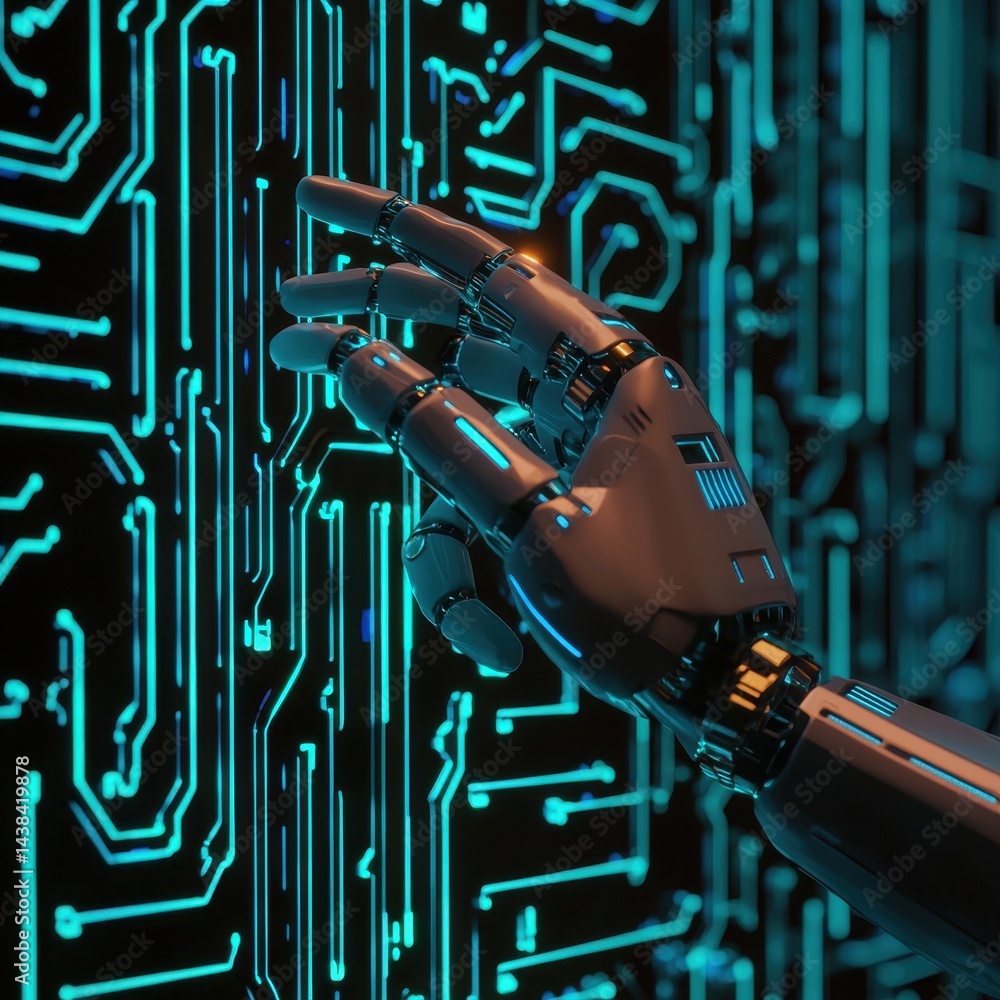 Poster robotic hand touching circuit pattern in futuristic digital environment