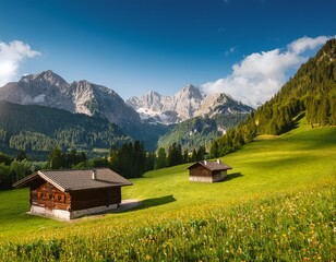 Obraz premium idyllic landscape in the alps with mountain chalet and green meadows
