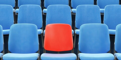 Obraz premium Bright Red Chair Stands Out Among Blue Chairs in an Empty Hall