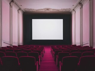 Obraz premium Empty Movie Theater with Red Seats and Blank Projection Screen