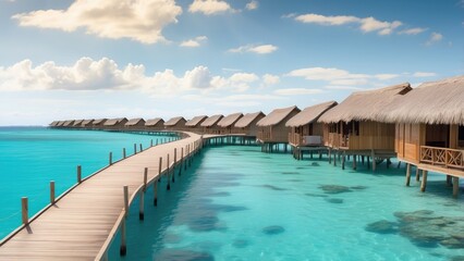 A wooden boardwalk extends through turquoise water,