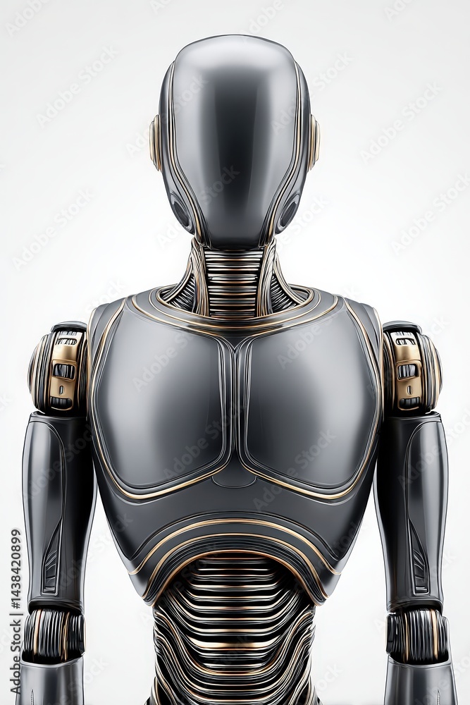 Poster humanoid robot with black and metallic mechanical body in upright standing position against white ba