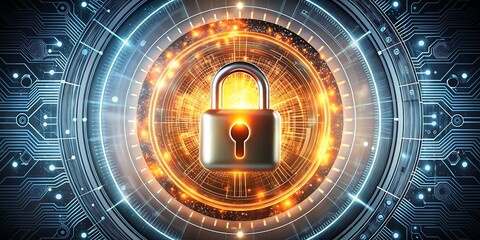 fiery digital padlock surrounded by circular tech background