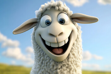 Cheerful cartoon sheep with big smile against a bright blue sky and green meadow background