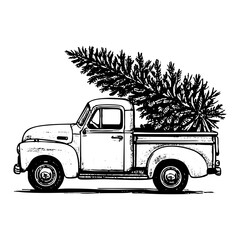 truck carry pine for christmas tree sketch engraving black and white outline. Scratch board imitation.