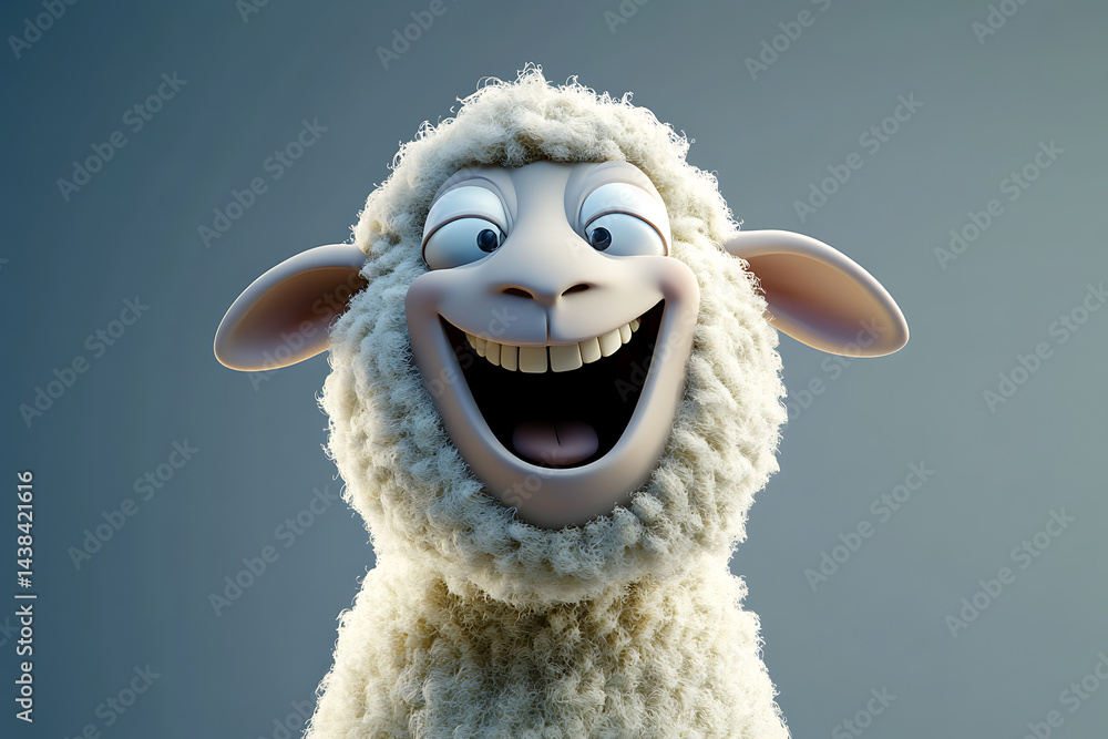 Poster happy cartoon sheep character with a big smile against a simple gradient background