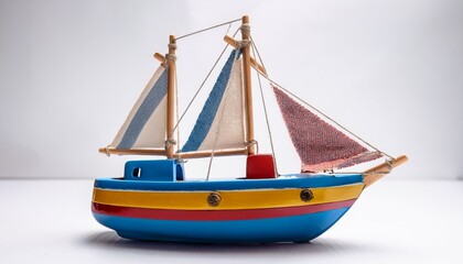 colorful toy sailboat on a white background handcrafted with vibrant sails and a weathered hull for nautical decor