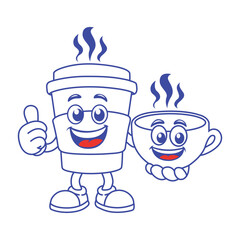
Coffee cup and takeaway cup with smiling faces for advertising, branding, posters and banners, funny cartoon illustrations with smiling character, coffee cup mascot, print and sticker.