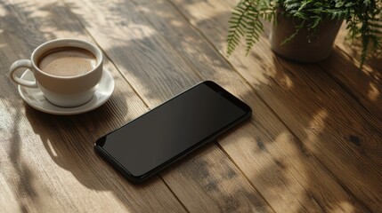 Smartphone mockup laying on a wooden table with a coffee cup beside
