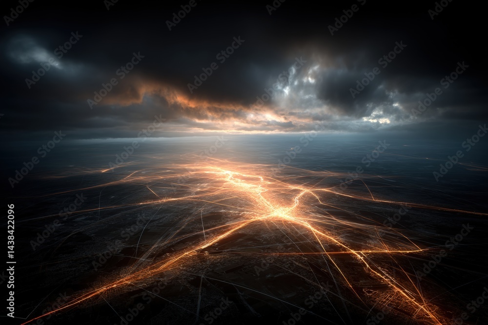 Poster dark aerial view with illuminated paths and dramatic clouds.