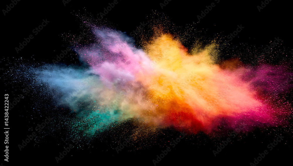 Fototapete Vibrant explosion of colorful powder creating a stunning visual effect on black background : Generative AI