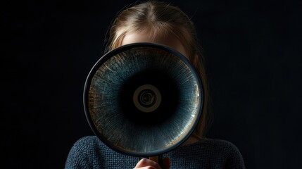 Obraz premium A determined young woman with curly hair holds a megaphone close to her face, looking directly at the camera.