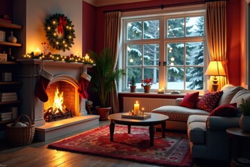 Fototapeta premium Cozy living room with winter decor, fireplace, and stockings , decorations, home, winter