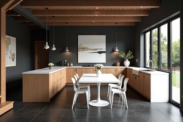 Modern kitchen interior with wooden cabinets, white countertops, and a large dining table. Natural light fills the space.