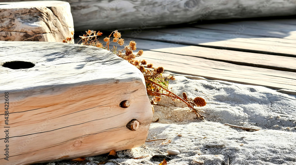 Poster tranquil wooden log with dried flowers accentuating the serene beach environment on a sunny day : ge