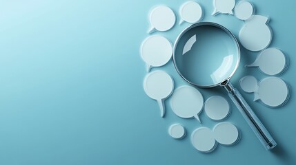 Magnifying glass surrounded by speech bubbles on a light blue background