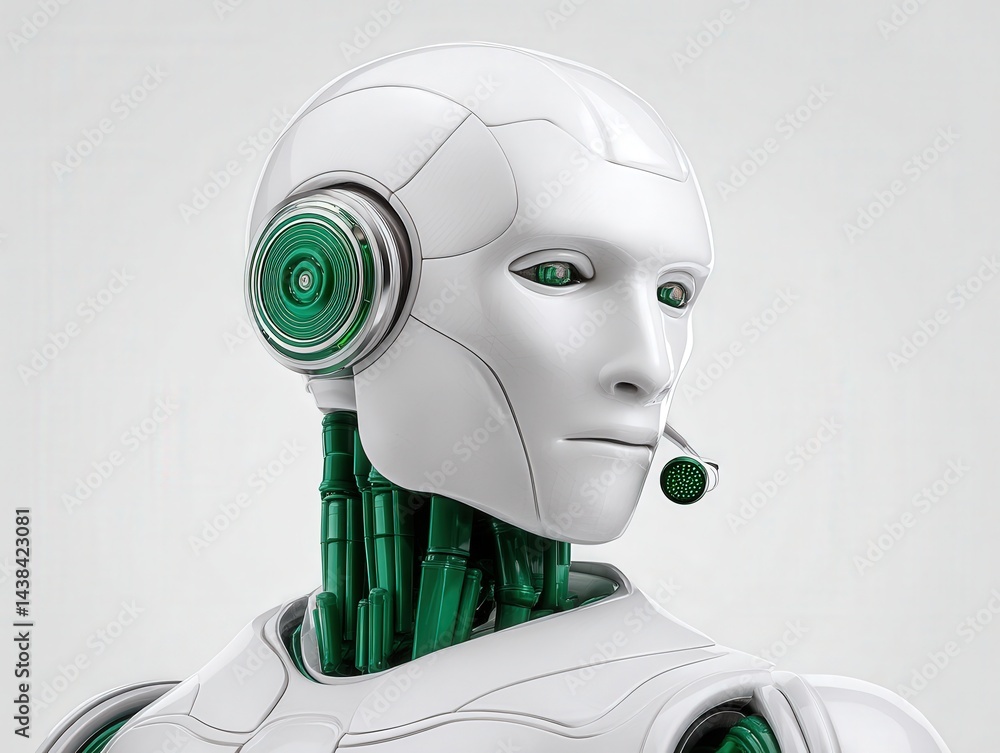 Poster futuristic white humanoid robot with headset and glowing green elements isolated on light background