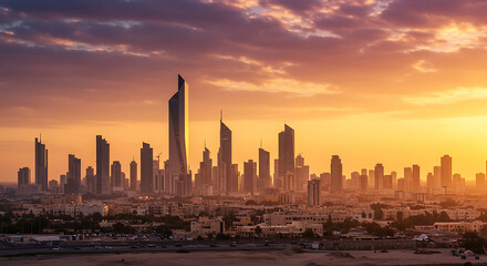 Kuwait City Skyline at Golden Hour Sunset, Atmospheric Cityscape View for Travel Websites and Banners