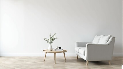 Minimalist living room interior with light grey sofa, wooden coffee table and plants. White walls and herringbone wood floor.