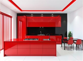 Modern red and black kitchen interior with island, table and chairs. Clean design, glossy surfaces.