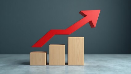 Red arrow soaring above wooden blocks symbolizing growth progress and success against a neutral