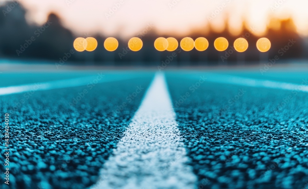 Poster focused view of a running track with blurred bokeh lights in background
