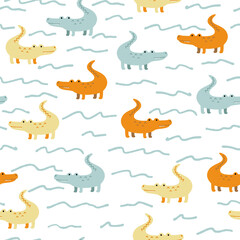 Seamless pattern with cute crocodiles and waves.