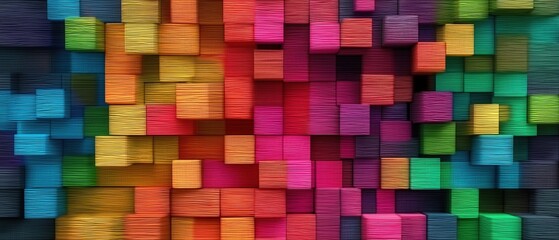 Abstract geometric rainbow colors colored 3d wooden square cubes texture wall background banner illustration panorama long, textured wood wallpaper