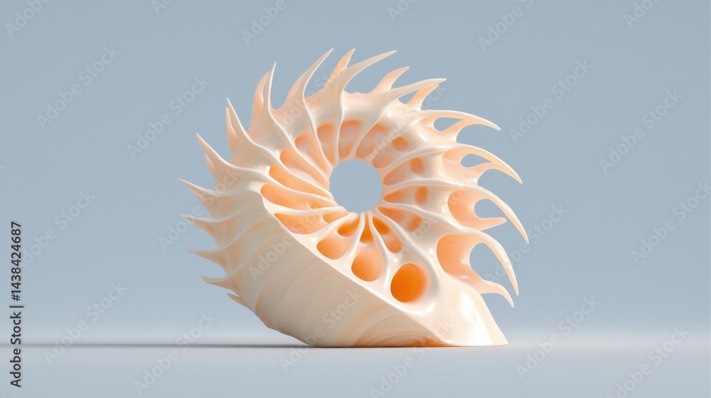 Poster a 3d rendering of a seashell with a spiral pattern and a hole in the center.