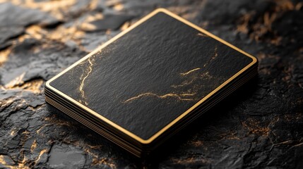 Business card mockup on dark surface with embossed gold text