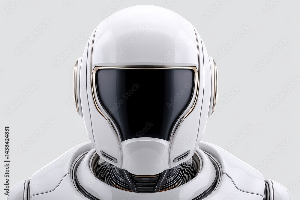 Poster futuristic white helmeted robot with reflective black visor on clean gradient background representin