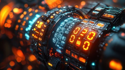Complex, glowing futuristic technology with numeric displays