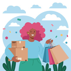 Vector illustration of a happy woman holding shopping bags and delivery boxes under a festive sky, ideal for e-commerce, shopping, and delivery service themes