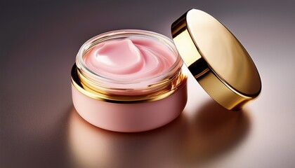 a luxurious cream jar with a golden lid partially open showcasing soft pink cream inside
