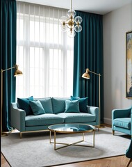Stylish teal living room interior with gold accents and large windows.