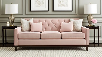 Elegant Living Room Interior Featuring a Chic Pink Couch, Decorative Pillows, Table Lamps, and Neutral-Toned Art.