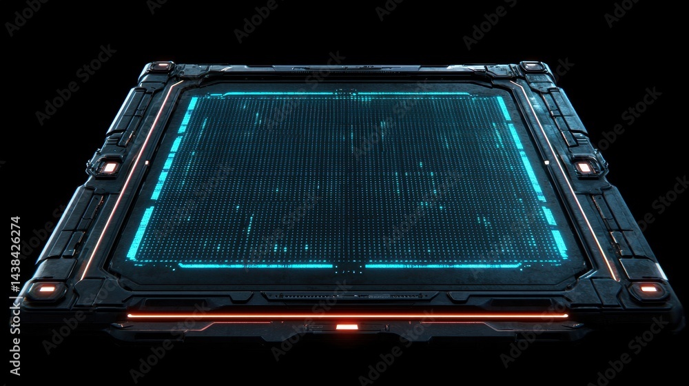 Poster futuristic tech console with glowing neon grid and dark background