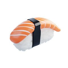 Floating 3d cartoon style sushi piece with salmon and rice on transparent background