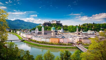 Fototapeta premium salzburg skyline with river salzach in springtime austria