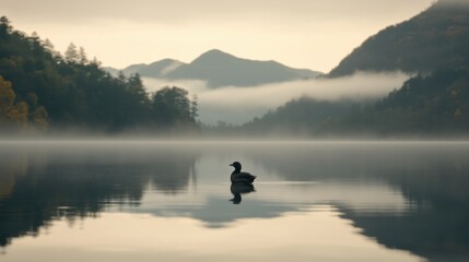 A serene lake scene with a duck floating on the water, surrounded by mountains and trees.