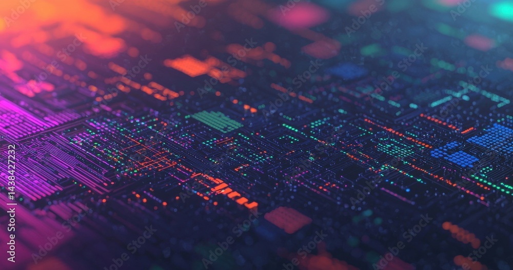 Poster abstract colorful digital circuit board with glowing elements