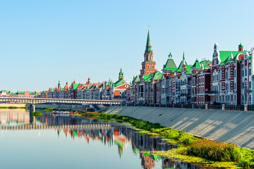 Obraz premium The picturesque embankment of Bruges in Yoshkar-Ola is made in the old European style of Flemish motifs, Northern Gothic, Old Russian style. Russia