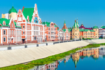 The picturesque embankment of Bruges in Yoshkar-Ola is made in the old European style of Flemish motifs, Northern Gothic, Old Russian style. Russia