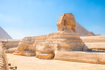 majestic Egyptian sphinx against the backdrop of ancient pyramids under the scorching sun of the...