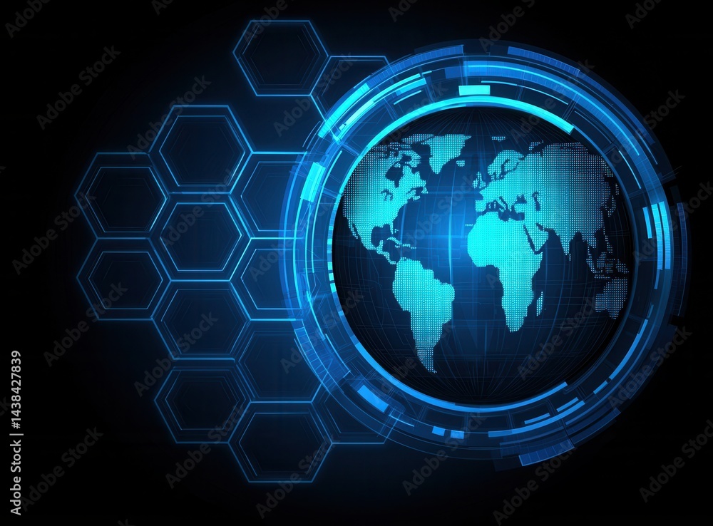 Poster modern digital globe with blue hexagonal patterns and futuristic design